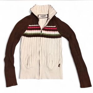 Garage Ribbed Zip-Up Sweater with Brown and Cream Stripes
